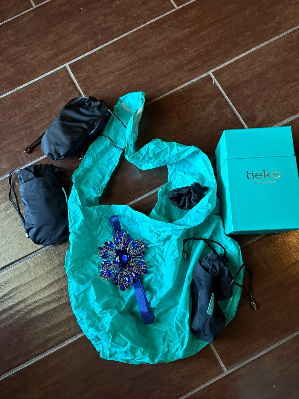 Tieks Turquoise Reusable Tote Bags with Decorative Blue Brooch